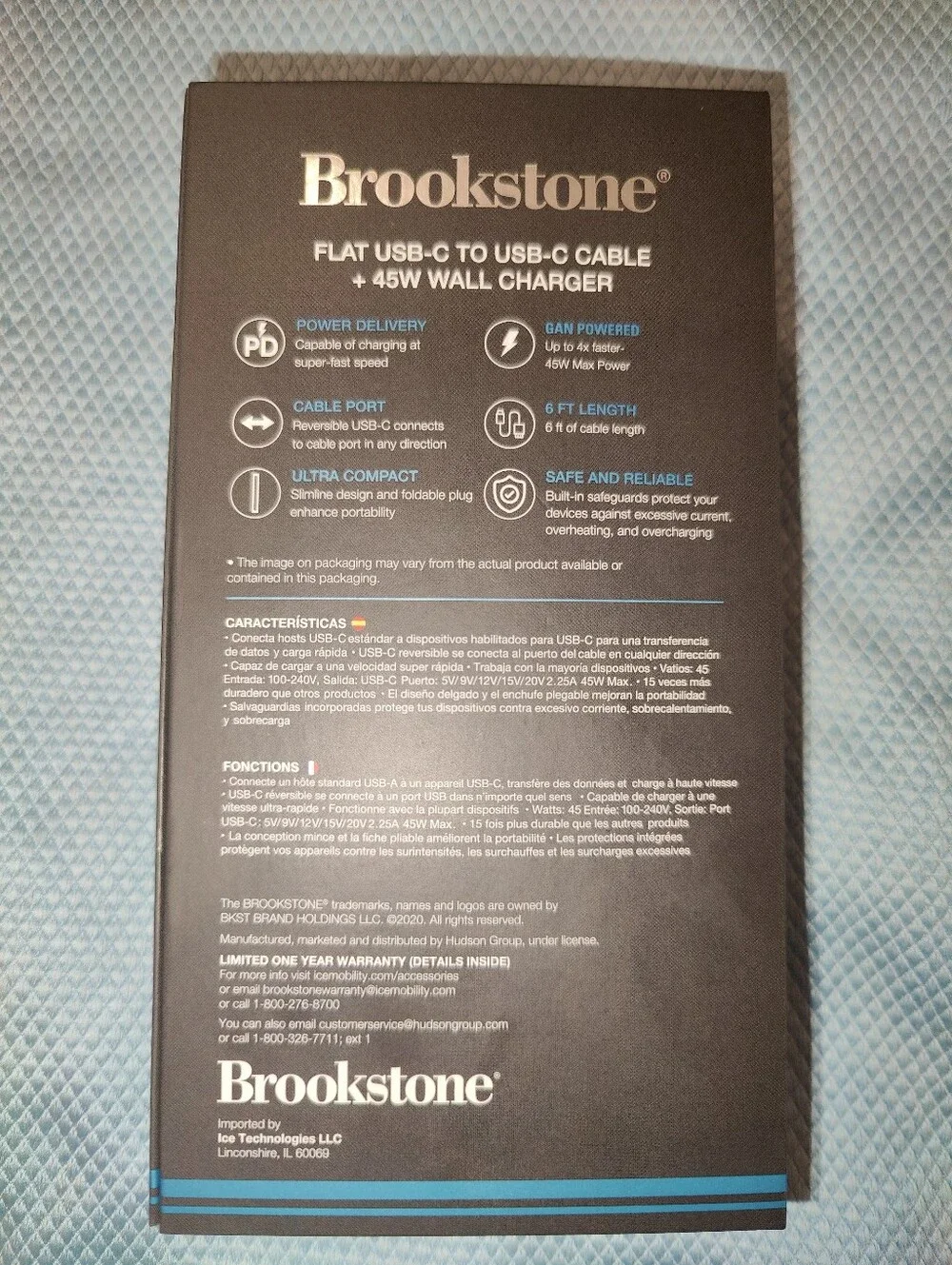NWT Brookstone USB-C To USB-C 45W Fast Charging Block And 6' Cable